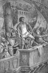 Knut der Große (Canut I) (994 oder 995-1035) - Knuts Männer auf der Londoner Brücke, unter Angriff von Olaf II. von Norwegen - Gravur in „Kaiser, König und Papst“ von Richard Roth