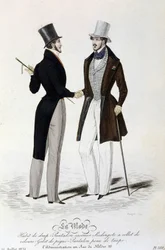 Die Mode vom 26. Juli 1834: (männliche Mode) Blattsuit - Hosen aus Kaschmir - Redingote mit Samtkragen - Weste aus Piqué - Hosen aus Maulwurfsfell und Zylinderhut