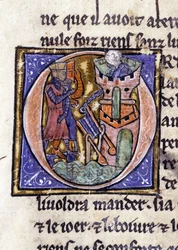 Lancelot auf der Spitze eines Turms. Manuskript: Eroberung des Heiligen Grals, geschrieben 717 Jahre nach der Passion unseres Herrn. Bibliothèque municipale de Rennes, ms. 255 (Sammlung von Romanen der Tafelrunde); Paris