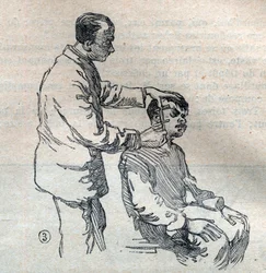 Die gerichtliche Anthropometrie oder Bertillonage, Methode von Alphonse Bertillon (1853-1914): Messung des Ohrs - Gravur in „La Science française“