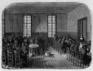 Das Asyl Sainte-Anne in Paris: der Speisesaal - Kupferstich in „Le Journal Illustré“