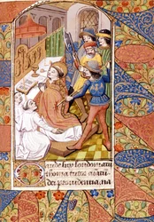 Die Ermordung des heiligen Thomas Becket (1118-1170), englischer Prälat und Politiker. Miniatur aus dem 14. Jahrhundert. Victoria & Albert Library, London.