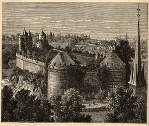 Le Château in Fougères - Bretagne - Frankreich - Gravur in „Patrie - Beschreibung der malerischen Frankreichs in 6 Bänden“ von Lucien Huard - Ende des 19. Jahrhunderts