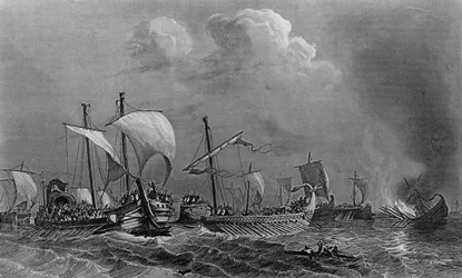 Die Schlacht von Salamis und die Niederlage von Xerxes, 5. Jahrhundert. In „Allgemeine Geschichte der Marine“ unter der Leitung von Herrn Van Tenac.