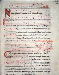 Flugblatt eines Pilgerführers mit Liedtexten der Pilgerfahrt nach Santiago de Compostela. Fol. 214 r. Aus einem Manuskript des 13. Jahrhunderts. Archiv der Kathedrale von Santiago de Compostela, Spanien