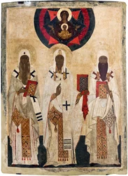 Die drei heiligen Bischöfe von Rostow: Jesaja (gestorben 1090), Leontius (gestorben 1077), Ignatius (gestorben 1288) - Russische Ikone: Die drei heiligen Bischöfe von Rostow: Jesaja, Leontius und Ignatius. Spätes 15. Jahrhundert, Staatliches