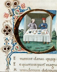 Verzierte Initiale C mit einem Paar am Tisch. Miniatur aus „Die Bucolica“ (Eklogen) von Vergil (Publius Vergilius Maro) (70-19 v. Chr.) (Ms. IV E.12) - 15. Jahrhundert, Neapel, Biblioteca Nazionale