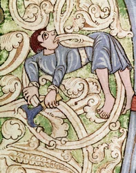Lettrine C dekoriert mit der Darstellung eines Holzfällers. Miniatur aus einer Bibel (Altes Testament) (Ms 3088) 12. Jahrhundert Coimbra, Universitätsbibliothek