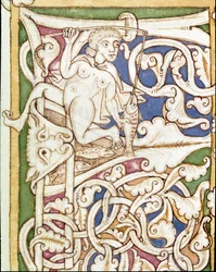 Lettrine P dekoriert mit der Darstellung einer Frau, die einen Fisch angelt. Miniatur aus einer Bibel (Altes Testament)