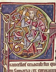 Lettrine P dekoriert mit der Darstellung des Königs des Landes Moab. Miniatur aus einer Bibel (Ms 3088) 12. Jahrhundert Coimbra, Bibliothek der Universität