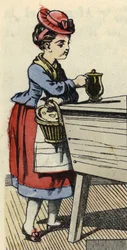 Rotkäppchen legt Essen für ihre Großmutter auf die Truhe. Illustration aus dem Märchen „Rotkäppchen“ von Charles Perrault