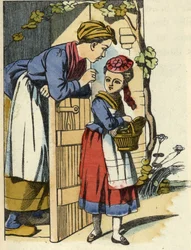 Rotkäppchens Mutter gibt ihr letzte Empfehlungen, um zum Haus der Großmutter zu gehen. Illustration des Märchens „Rotkäppchen“ von Charles Perrault