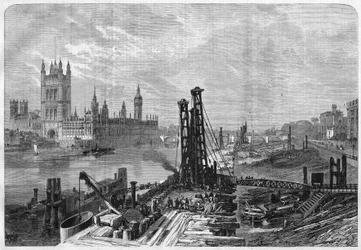 London, Bau der Docks am Südufer der Themse, gegenüber der Verwaltungsstadt Westminster am Nordufer. In „L