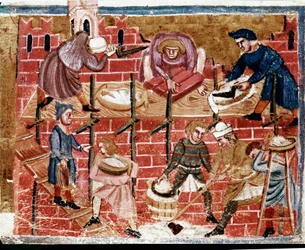 Maurer und Hausbauer. Miniatur aus „Les Faits des Romains“, 13. Jahrhundert. Venedig, Biblioteca Marciana