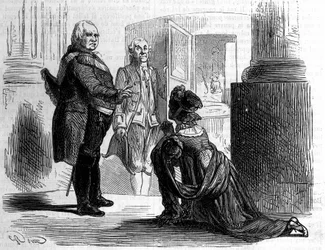 Madame die Gräfin von Labedoyère auf den Knien von Ludwig XVIII., König von Frankreich