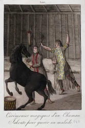 Magische Zeremonie eines Schamanen Yakoute (Yakoute) zur Heilung eines Kranken (Sibirien) - Gravur, Anfang 19. Jahrhundert