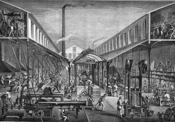 Große Industrien im 19. Jahrhundert: Bauwerkstätten für Sägewerke und Werkzeugmaschinen von M. Arbey in Paris im Jahr 1865