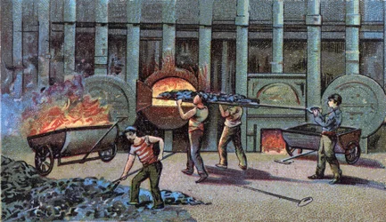 Herstellung von Leuchtgas, Cornu Delutor. Chromolithographie Ende des 19. Jahrhunderts