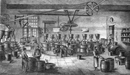 Herstellung von Senf und Konserven bei Louit Frères in Bordeaux. Gravur von 1865
