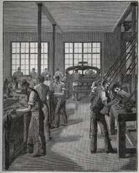 Herstellung von Federhaltern und Bleistifthaltern. Gravur von 1885 in „Les arts et métiers illustrés“ von Adolphe Bitard.