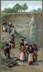 Herstellung von Porzellan, Kaolin-Steinbruch. Chromolithografie aus dem späten 19. Jahrhundert