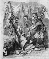 Marcus Hordeonius Flaccus, römischer Senator, von seinen eigenen Soldaten im 1. Jahrhundert massakriert. Gravur des 19. Jahrhunderts.