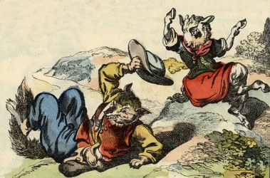 Meister Fuchs spielt mit Little Goat. Illustration des Märchens „Bon Medor und Little Chevrette“. In „Märchen aus dem Heim für die Kleinen“. Anonyme Gravur des 19. Jahrhunderts.