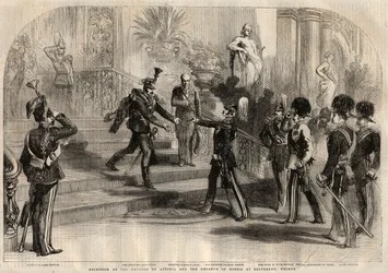 Begegnung zwischen dem russischen Zaren Alexander II. (1818-1881) und dem österreichischen Kaiser Franz Joseph I. (1830-1916) im Belvedere in Weimar (Deutschland). Von links nach rechts sind Alexander II., Franz Joseph I. und Carl Alexander, Herzog von