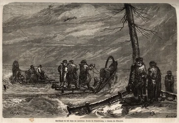 Händler des Ambulanten an einer verschneiten Kreuzung der Straße nach St. Petersburg. Zeichnung von Henriet, zur Illustration seiner Reise in die russischen Ostseeprovinzen in den Jahren 1851-54. Gravur in „Le tour du monde“, herausgegeben von Edouard Char