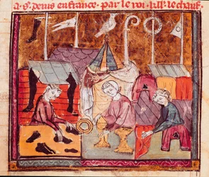 Händler (Schuhmacher, Goldschmied, Stoffhändler) auf der Lendit-Messe bei Saint Denis (Miniatur aus „Grandes Chroniques de France“)