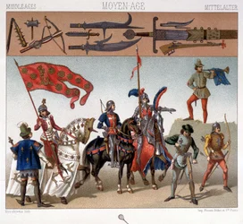 Militärische Kostüme im Mittelalter zwischen 1439 und 1450. In „The historical costume“ von A. Racquet