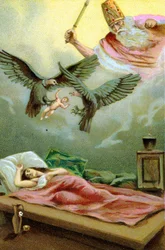 Wunderbare Geburt von Zarathustra, iranischer Prophet und Religionsreformer (6. Jahrhundert v. Chr.). Chromolithographie des 19. Jahrhunderts