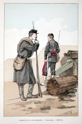 Mobilisierte Friedenswächter (1870-1871). Farbradierung zur Illustration „Geschichte des Friedenswächterkorps“ Buch veröffentlicht unter der Schirmherrschaft von Louis Lepine (1846-1933), Polizeipräfekt von Paris, von Alfred Rey (1864-?) und Louis Feron