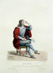 Molières Kostüm in der Rolle des Arnolphe im Stück „Die Schule der Frauen“ im Jahr 1670. Kostüm der französischen Komödie von Hippolyte Lecomte (1781-1857). Gravur des 19. Jahrhunderts. Sammlung Let