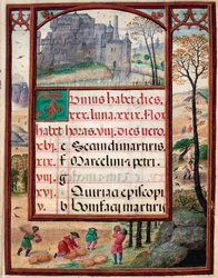Monat Juni: Landschaft und Ernten. Bauern bei der Arbeit. Seite des Manuskripts „Stundenbuch“ von Manuel I. von Portugal