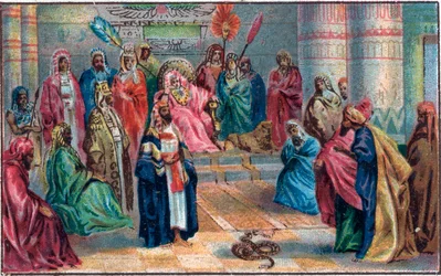 Moses und Aaron gegen den zornigen Pharao. Chromolithographie aus dem späten 19. Jahrhundert