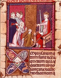 Mutter und Kind erscheinen vor einem König, Vertreter der Gerechtigkeit. Miniatur aus „Justiniani in Fortiatum“