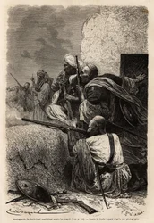Muslimische Bergbewohner, die in die Berge von Svat umgesiedelt wurden, kämpfen 1863 gegen eine englische Expedition, um das Plündern von Dörfern in der Region zu stoppen. Gravur zur Illustration der Geschichte von Pandjab und Kaschmir, von Guillaume Lejea
