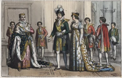 Napoleon Bonaparte (1769-1821), als König von Italien - Vizekönig - die Frau eines Vizekönigs - Butler - Oberkämmerer - Page - Stallmeister - Zeremonienmeister - Gravur aus „Usi e Costumi di Tutti i Popoli dell