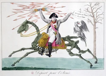 Napoleon: Karikatur eines Kriegers auf einem Pferdeskelett - in „Napoleon 1er“, Sammlung von Karikaturen