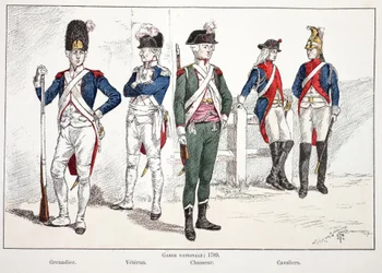 Nationalgarde im Jahr 1789, von links nach rechts: der Grenadier, der Veteran, der Jäger und die Reiter. Farbige Radierung zur Illustration des Buches „Geschichte des Korps der Friedenswächter“, veröffentlicht unter der Schirmherrschaft von Louis Lépine