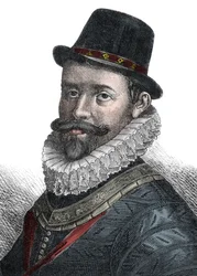 Marineverwaltung und Kommandant Sir John Hawkins (1532-1595) - Porträt von Sir John Hawkins (Hawkyns) (1532-1595), englischer Admiral, Schiffbauer, Navigator und Sklavenhändler. Gravur des 19. Jahrhunderts.