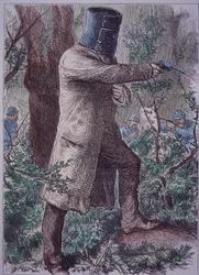 Ned Kelly, in seiner charakteristischen Rüstung, in der letzten Konfrontation mit der Polizei, 28. Juni 1880 (farbiger Stich)