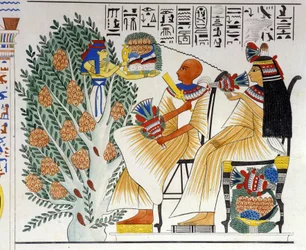 Nephtys, ägyptische Göttin, entspringt dem mystischen Baum und bietet dem Verstorbenen Nahrung an - in „Monuments of Egypt and Upper Nubia“ von Ippolito Rosellini. 19. Jahrhundert
