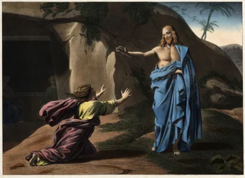 Noli me tangere: die Erscheinung Christi vor der heiligen Magdalena. Anonyme Gravur des 19. Jahrhunderts.