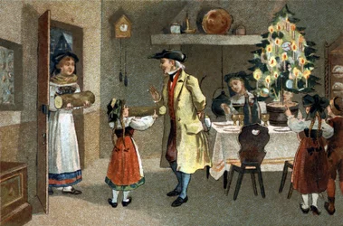Alte Tradition im Elsass: Der Weihnachtsbaum. Chromolithographie aus dem späten 19. Jahrhundert.