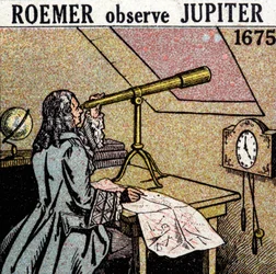 Ole Christensen Rømer (Olaus Roemer), dänischer Astronom (1644-1710) beobachtet die Finsternisse der Jupitermonde.