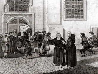 Am 31/10/1517 schlug Luther seine 95 Thesen an die Tore des Wittenberger Schlosses, die den Ablasshandel anprangerten und den Beginn der Reformation markierten - Gravur