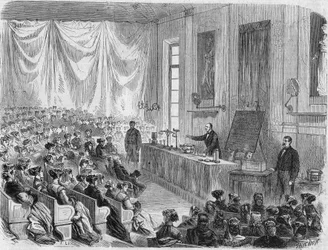 Eröffnung der Kurse für junge Mädchen an der Sorbonne im Jahr 1867. Gravur nach der Zeichnung von Herrn Lix