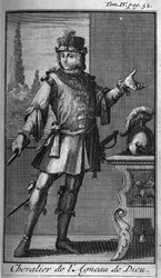 Ritterorden. Ritter des Lammes Gottes. In „Geschichte der militärischen Orden oder Ritter, der weltlichen und regulären Milizen beider Geschlechter, die bisher gegründet wurden. Ausgabe von Abbe Giustiniani, R.P.Bonani, M. Herman, Schoonebeek, R.P.H